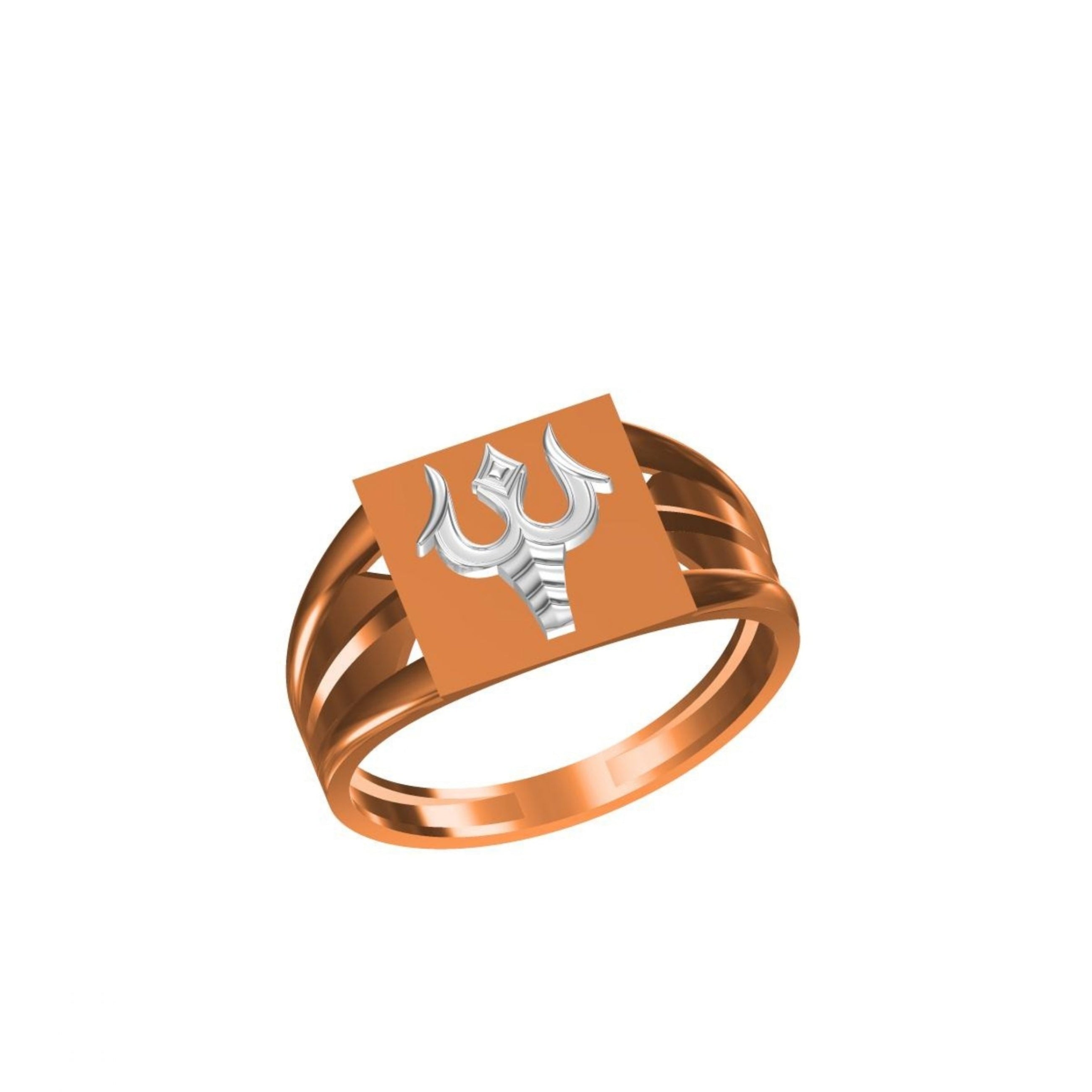 A 3D render of a signet ring with a multi-strand copper band, a square copper inlay, and a silver-toned Shiva Trishul symbol in the center, shown on a plain white background with a model code label in the bottom left.