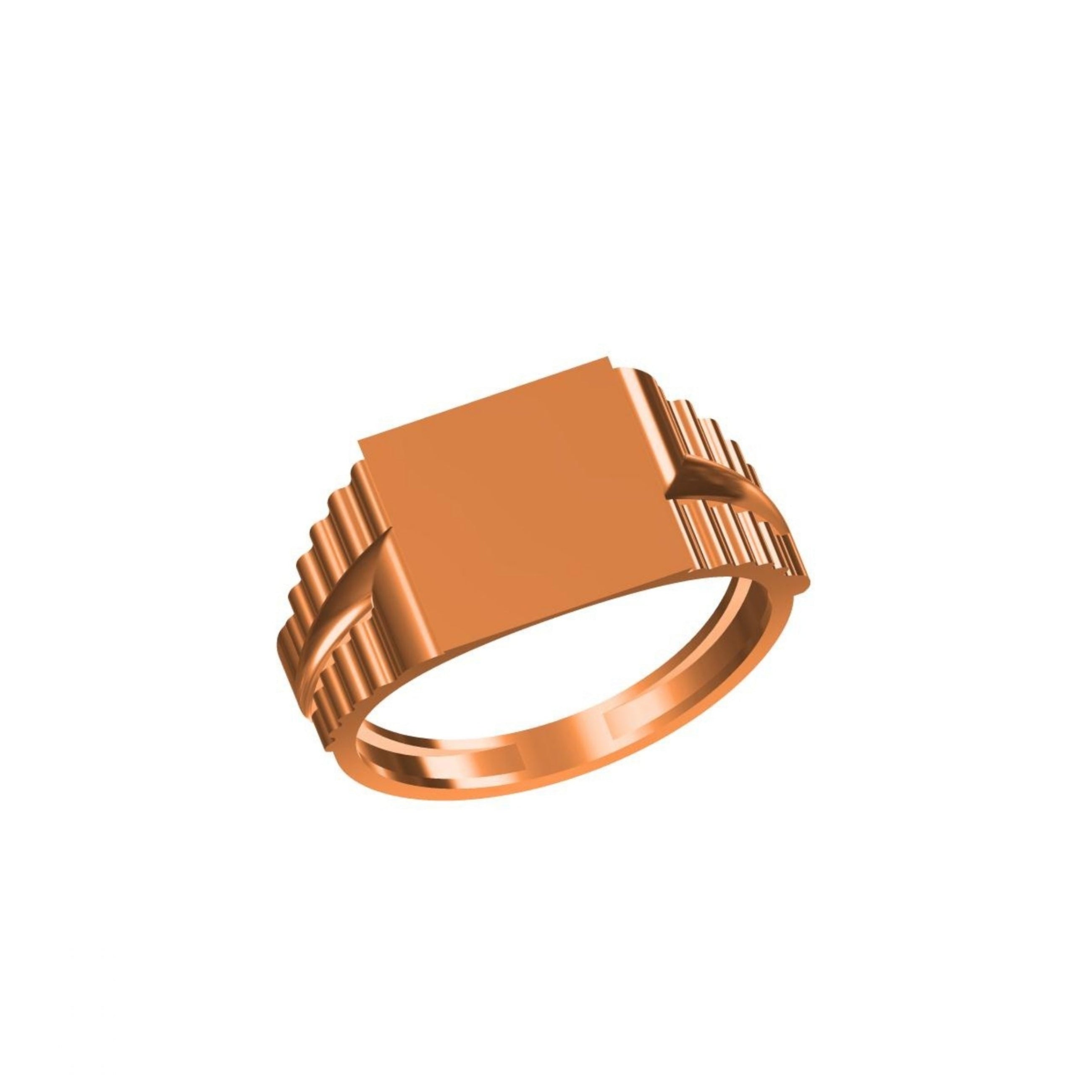 A rose gold signet ring with a flat rectangular face and ribbed shoulders, shown on a plain white background with a small model code label and logo at the bottom.