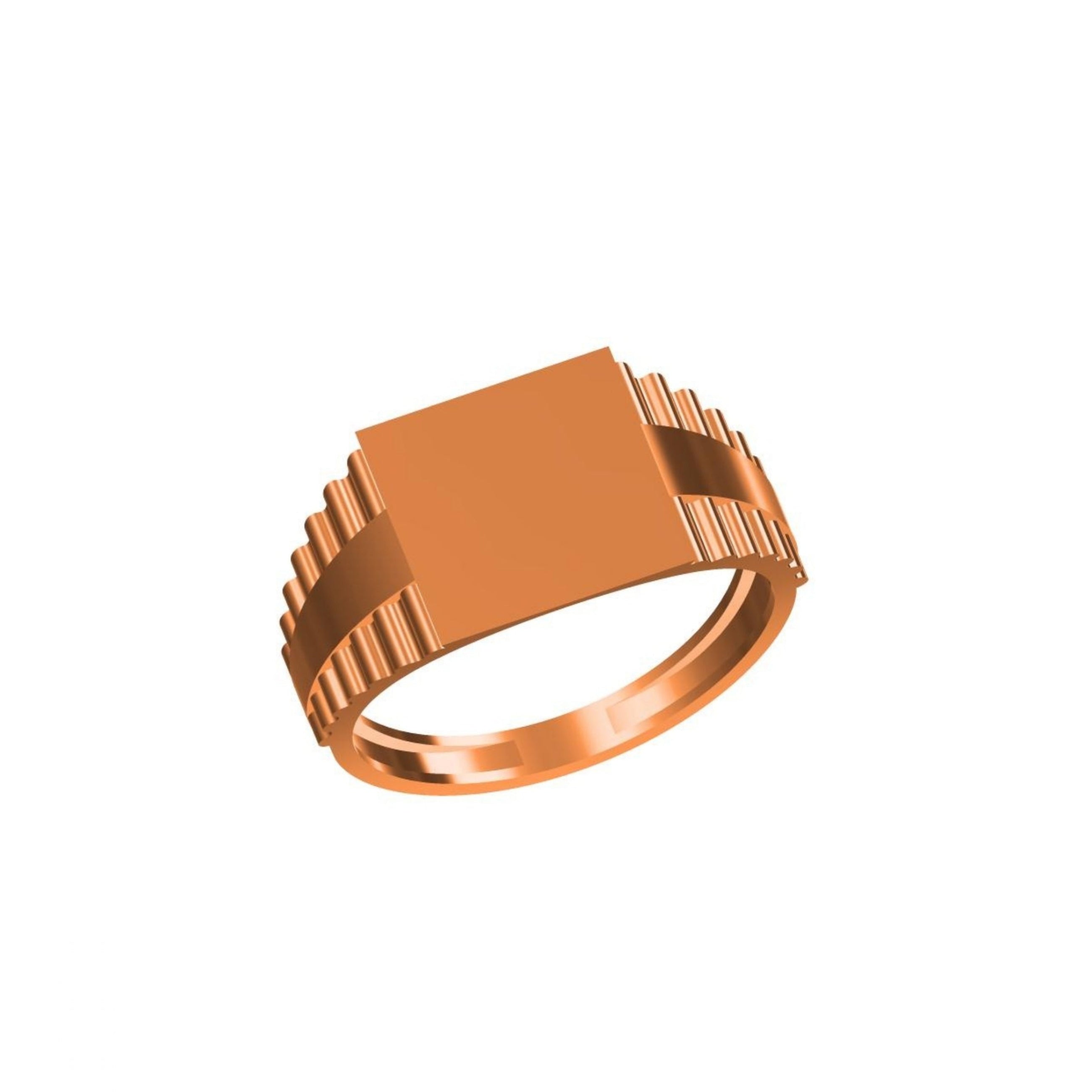 A rose gold signet ring with a flat rectangular face and ribbed shoulders, shown on a plain white background with a small model code label and logo at the bottom.