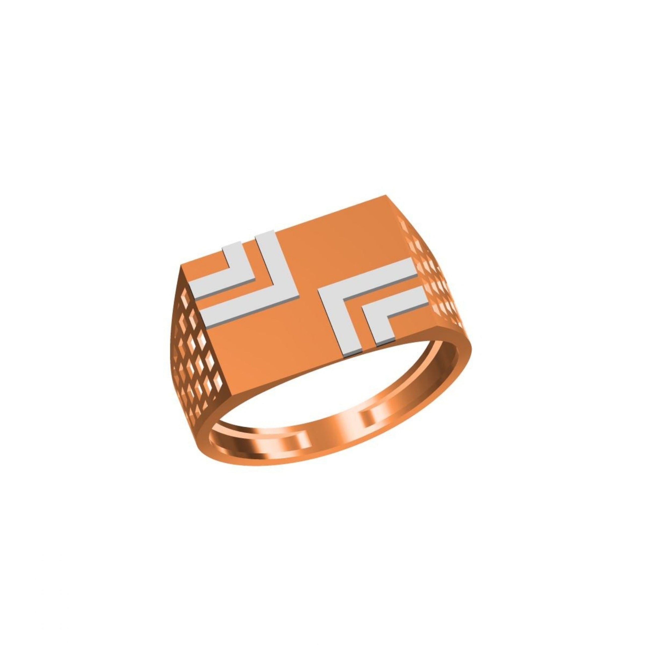 A rose gold signet ring with a geometric chevron pattern inlaid with white accents, shown on a plain white background with a model number and brand logo at the bottom.