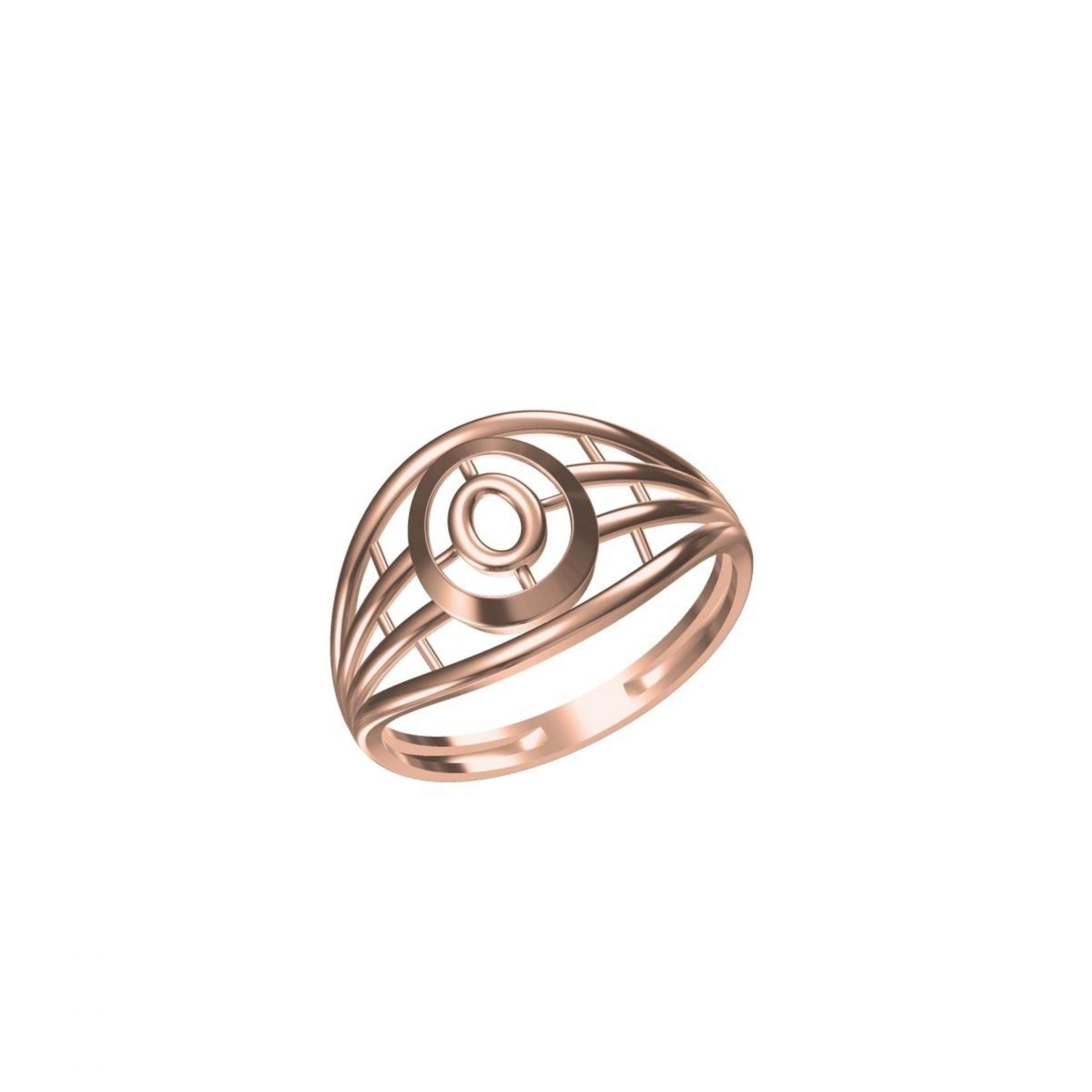 A rose gold ring with a geometric, openwork circular design, shown on a plain white background with a small model number and brand logo at the bottom.