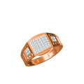 A men's ring in rose gold with a square pavé diamond center and side accents, shown on a plain white background with a small catalog table and 'DC' logo at the bottom.