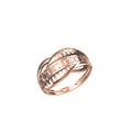 A rose gold ring with a textured, openwork geometric design, shown on a plain white background.