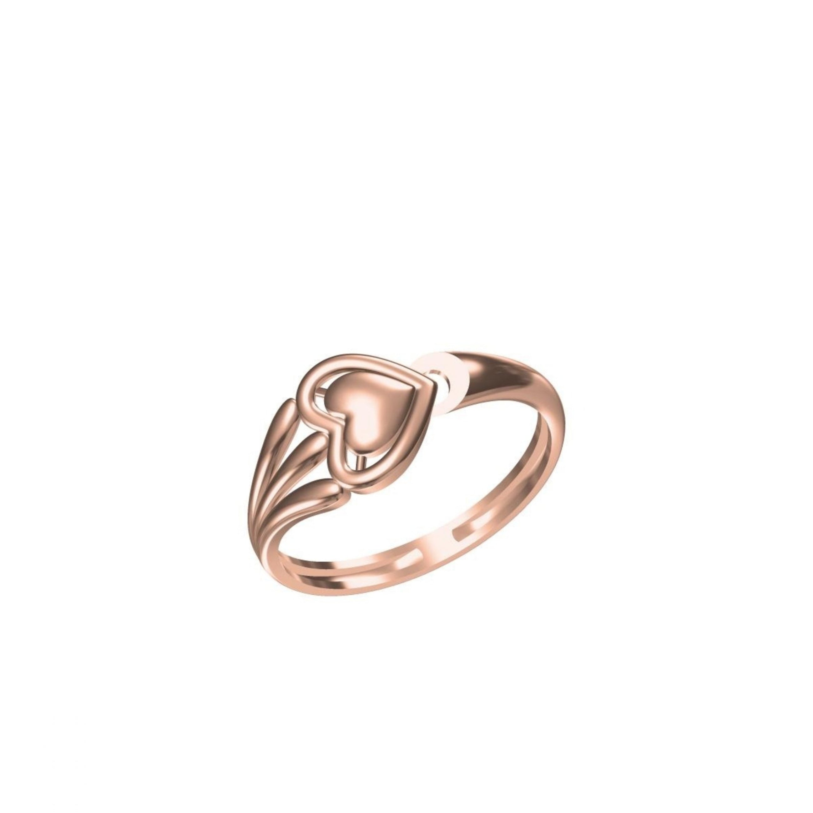 A rose gold ring featuring a stylized heart design on a clean white background, with a small catalog label and logo at the bottom.