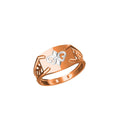 A rose gold signet ring with a white enamel monogram design on a plain white background, featuring a small model code label in the bottom left corner and a brand logo at the bottom center.