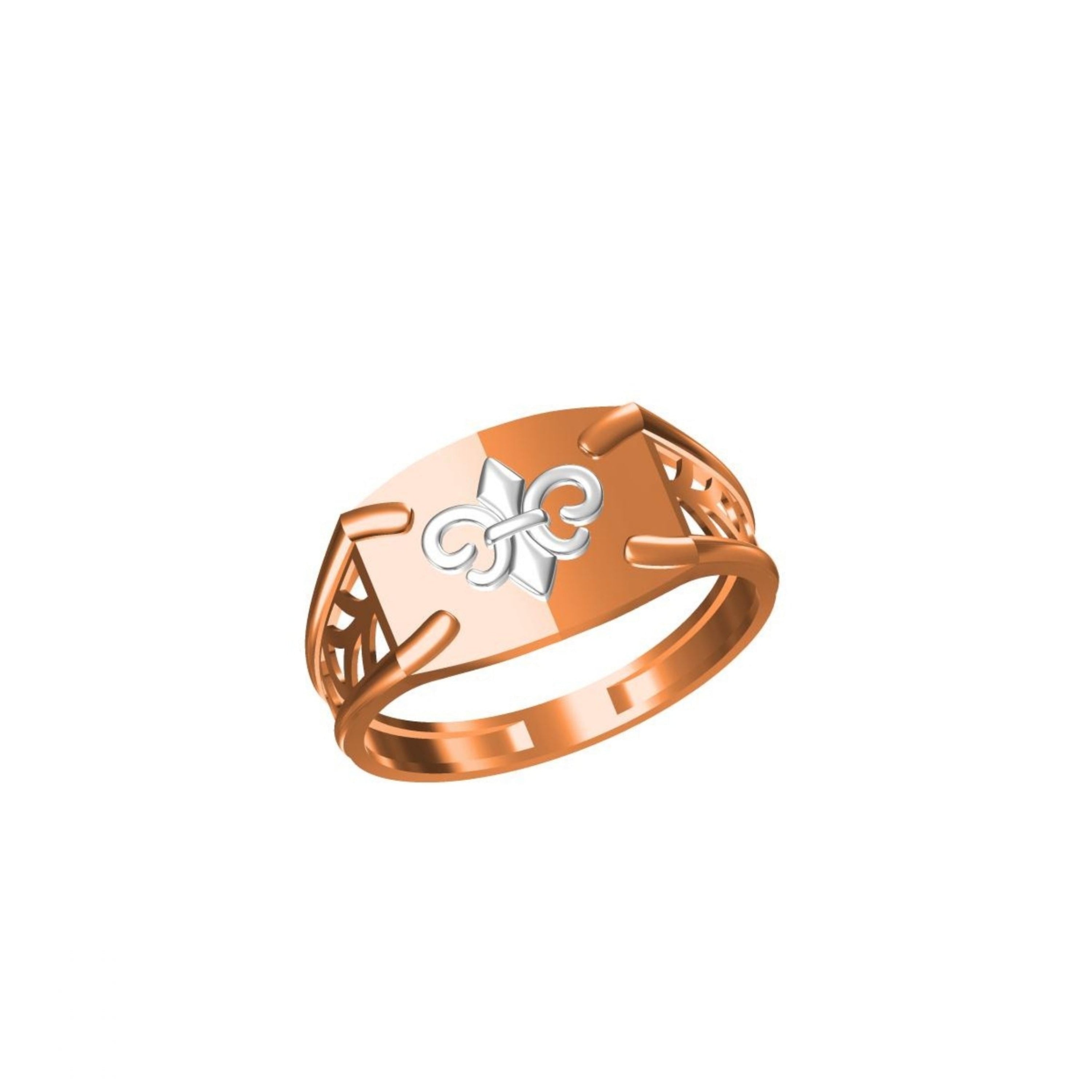 A rose gold signet ring with a white enamel monogram design on a plain white background, featuring a small model code label in the bottom left corner and a brand logo at the bottom center.