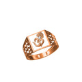 A rose gold signet ring featuring a square face with an Om symbol and a small clear stone, shown on a plain white background with a model number label in the bottom left and a logo in the bottom center.