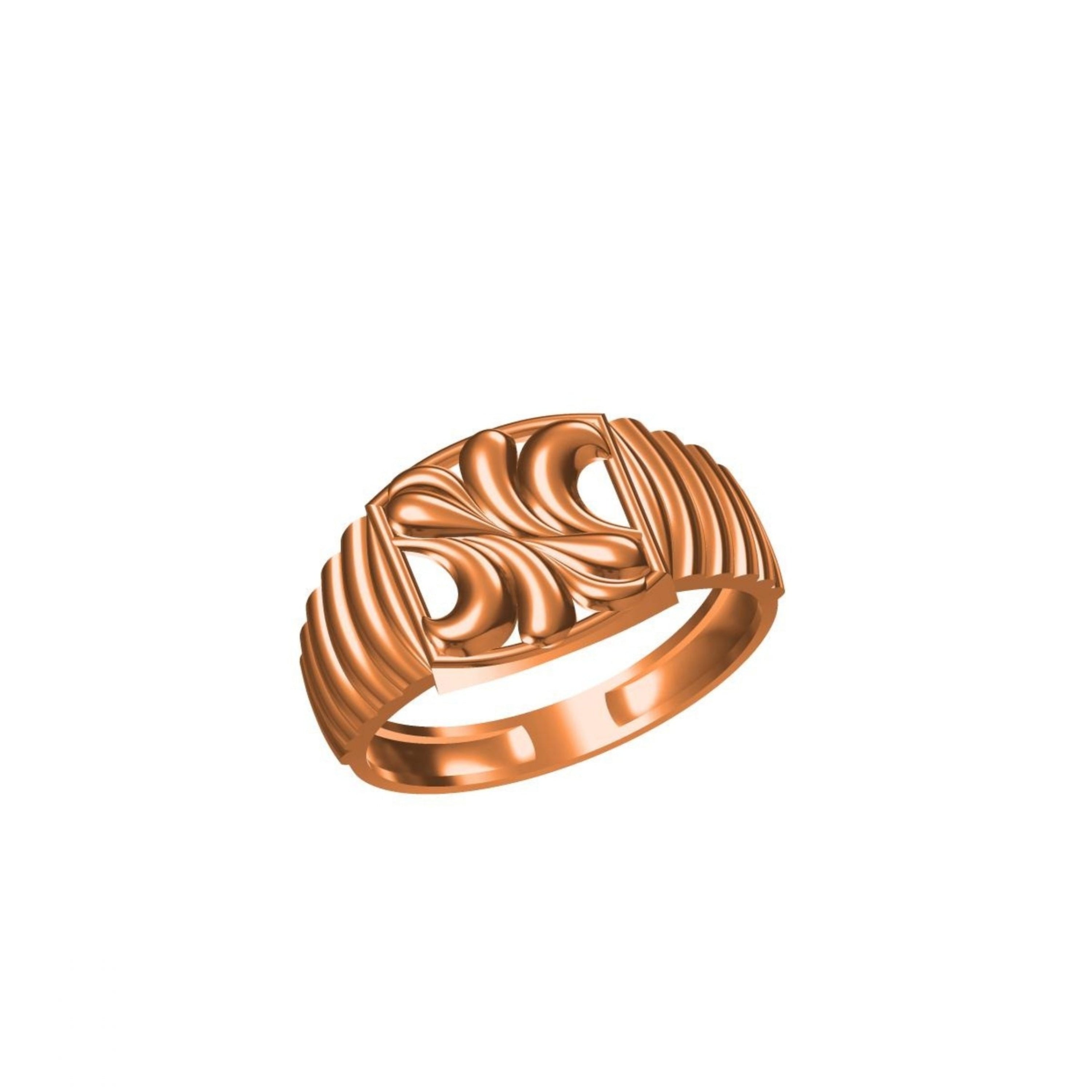 A rose gold ring with an intricate, textured scrollwork design on a plain white background, featuring a small model number in the bottom left and a brand logo in the bottom center.
