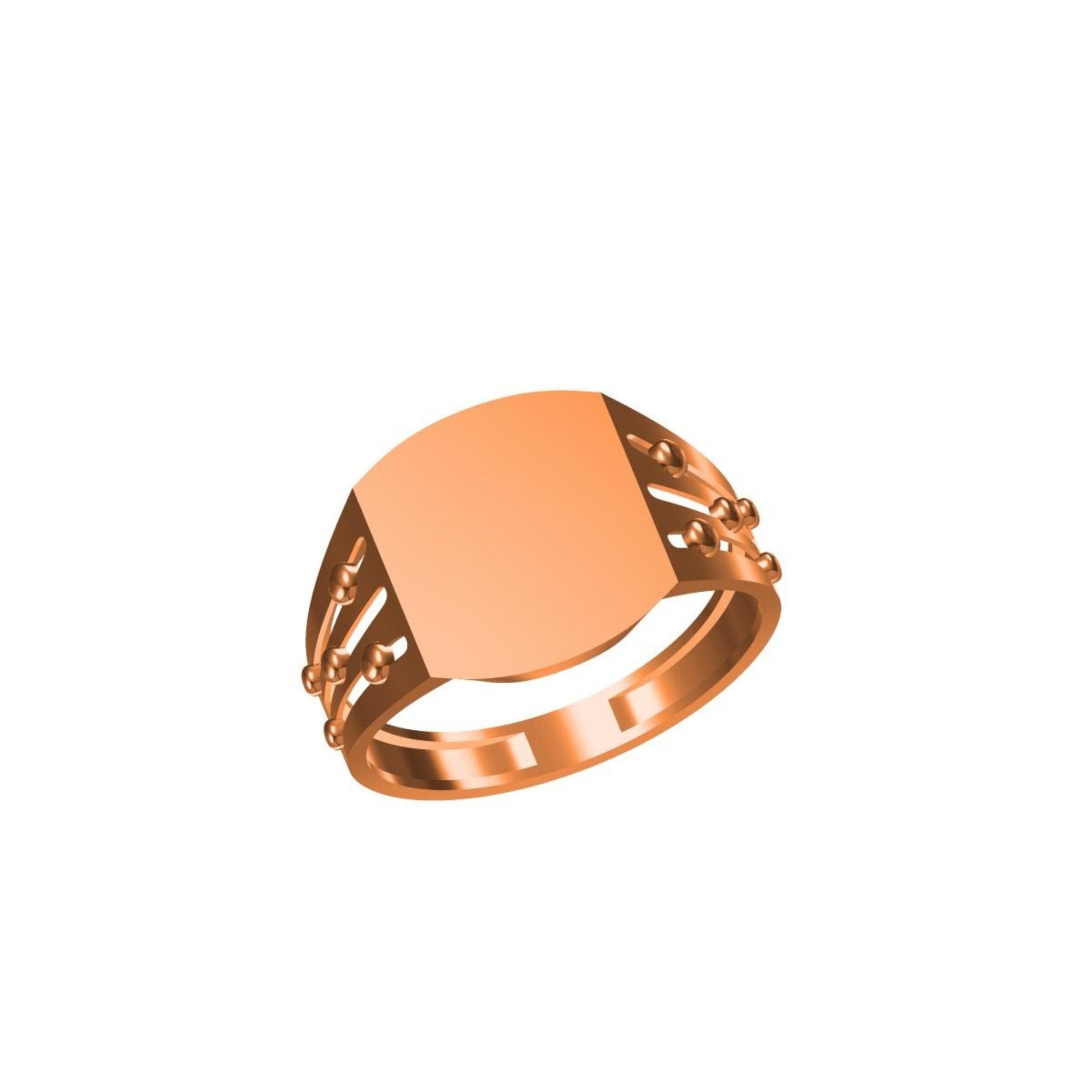 A rose gold signet ring with a flat, polished rectangular face and decorative openwork side bands, shown on a plain white background with a small catalog label and logo at the bottom.