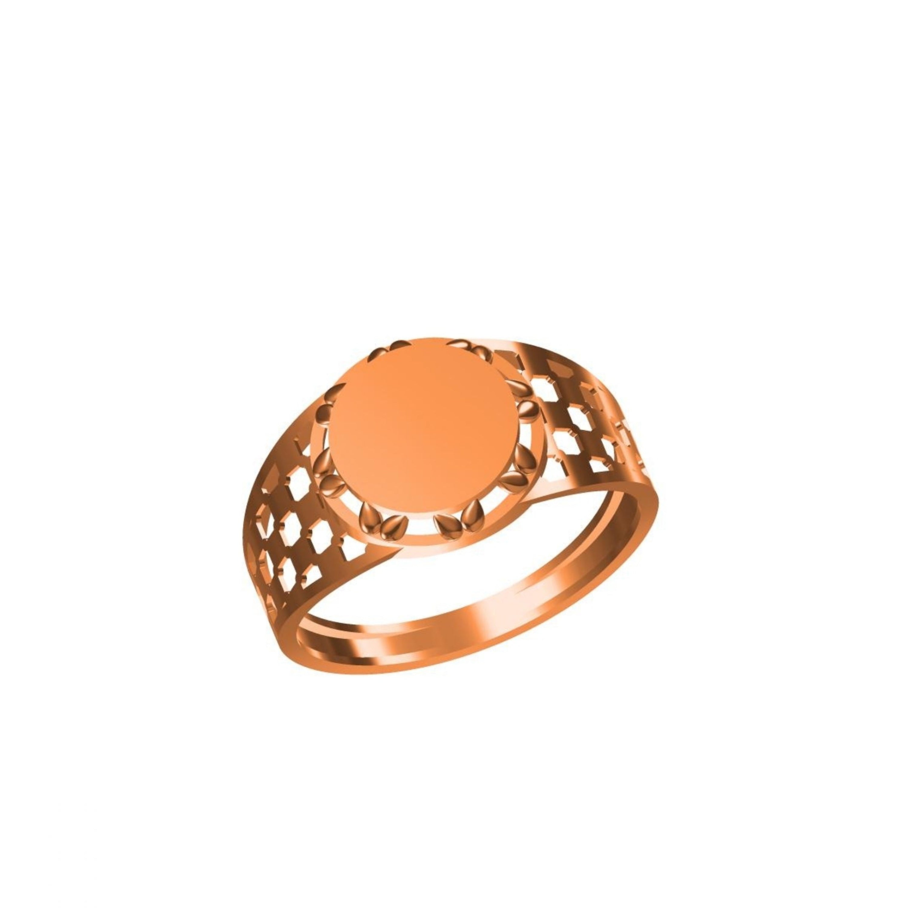 A rose gold signet ring with a flat oval face and an intricate filigree band, shown on a plain white background with a small model code label in the bottom left corner.