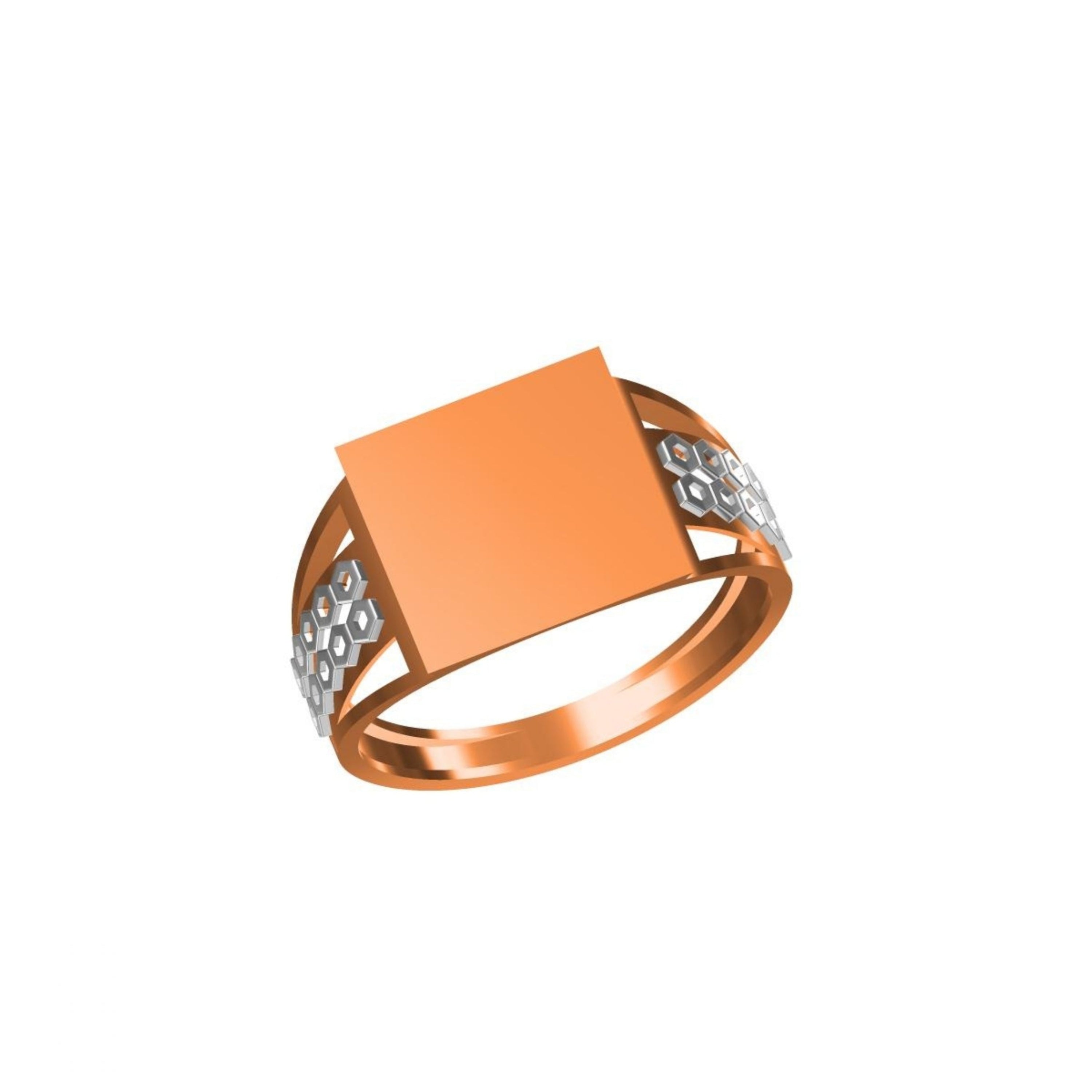 A rose gold signet ring with a square face paved with small clear stones on the band, shown on a plain white background with a model number and logo watermark.