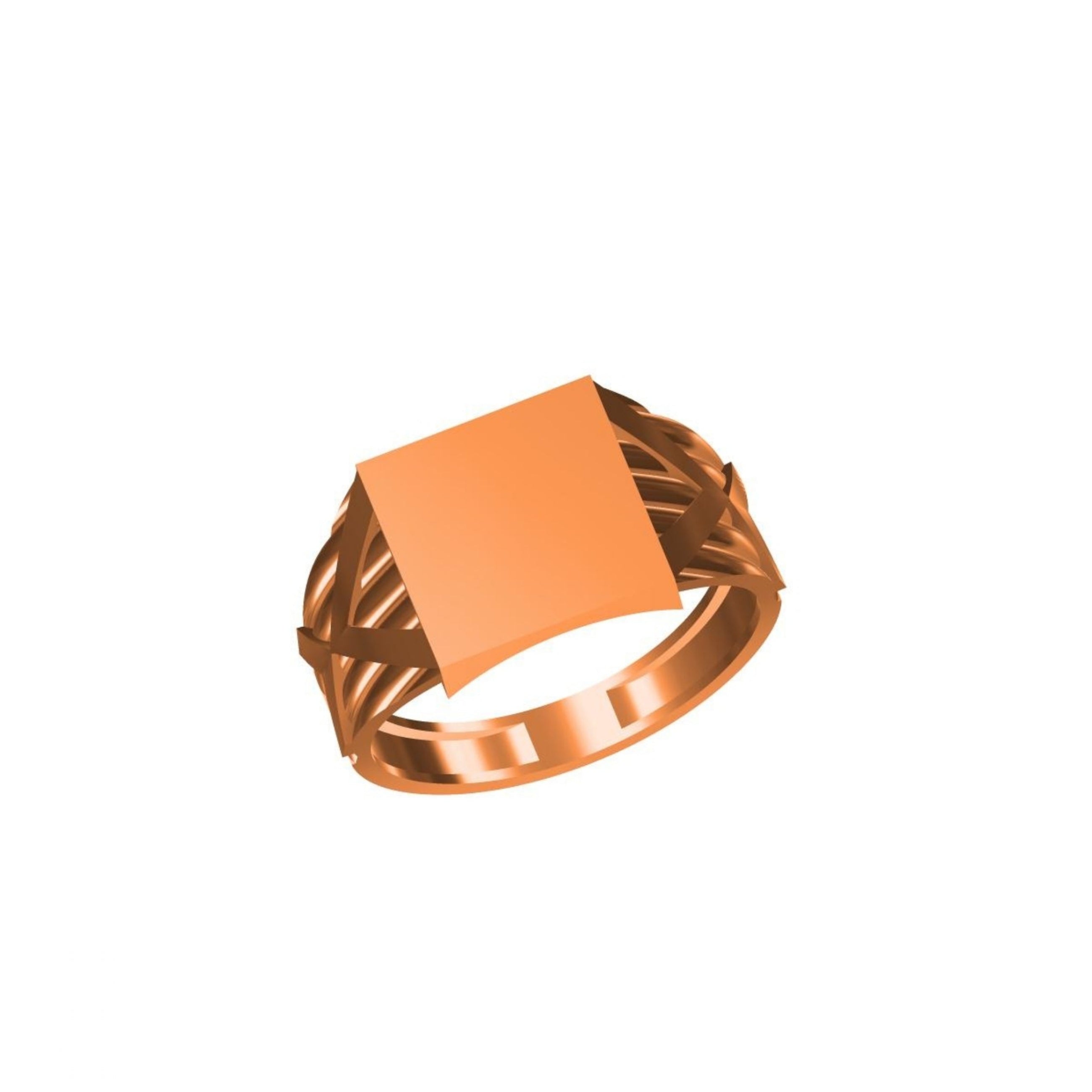 A rose gold signet ring with a square face, shown on a plain white background with a small product code label in the bottom-left corner and a logo in the bottom-center.