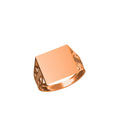 A rose gold signet ring with a flat, engraved face and geometric patterned sides, shown on a plain white background with a model number label in the bottom left and a logo in the bottom center.