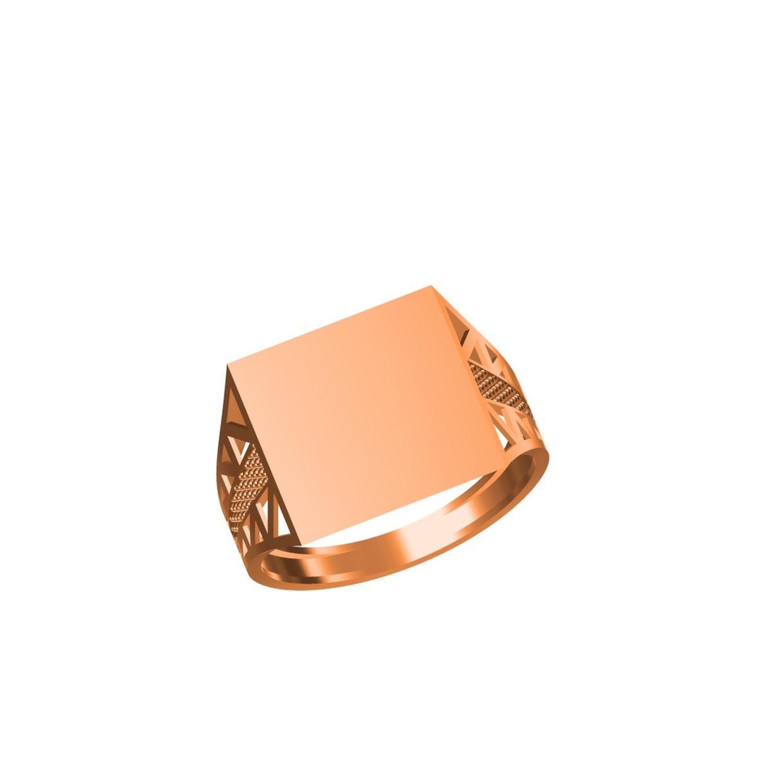A rose gold signet ring with a flat, engraved face and geometric patterned sides, shown on a plain white background with a model number label in the bottom left and a logo in the bottom center.