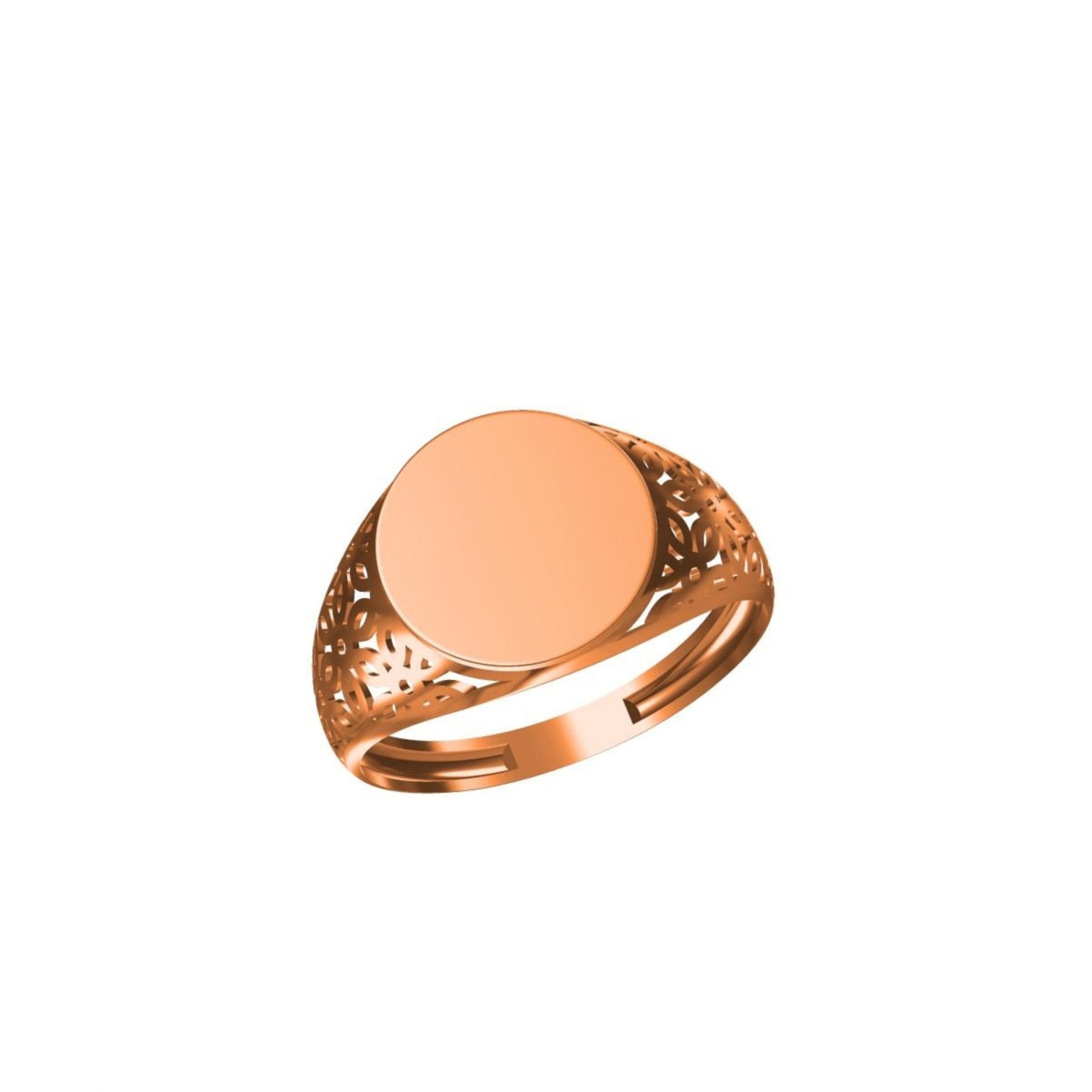 A rose gold signet ring with a flat circular face and decorative filigree sides, shown on a plain white background with a small code label and logo at the bottom.