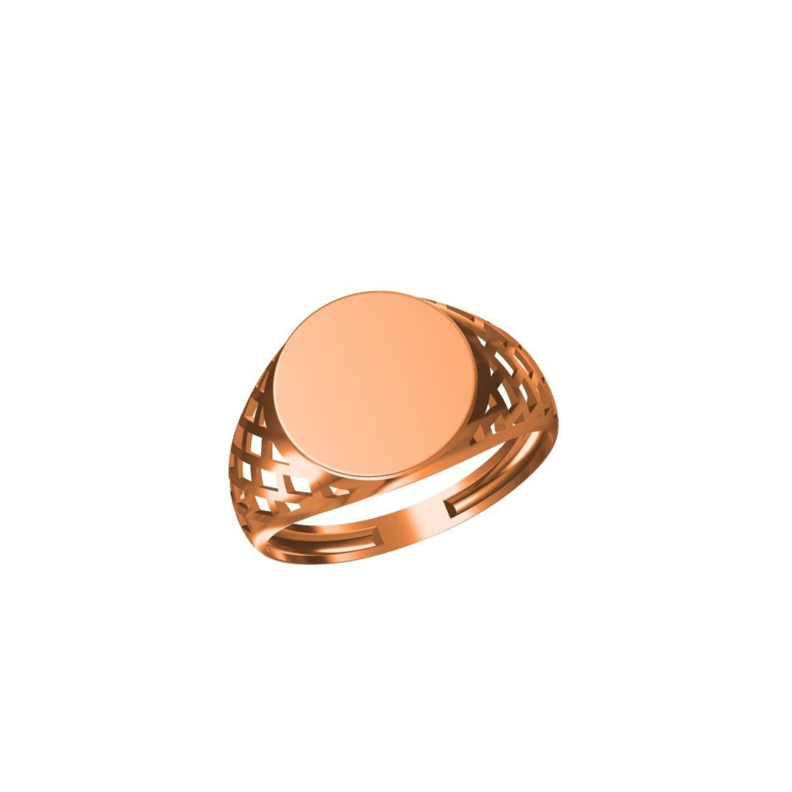 A rose gold signet ring with a flat circular face and an openwork lattice band, shown on a plain white background with a small model code label and 'IO' logo at the bottom.