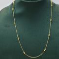 A delicate gold chain necklace with small bead-like spaced accents, displayed on a dark green velvet jewelry bust against a light gray background.