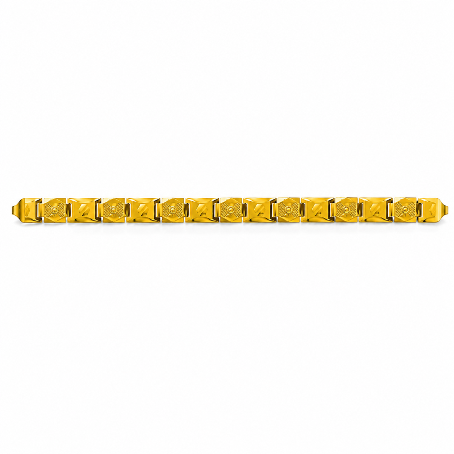 A yellow gold link bracelet with a repeating geometric pattern, displayed horizontally against a plain white background.
