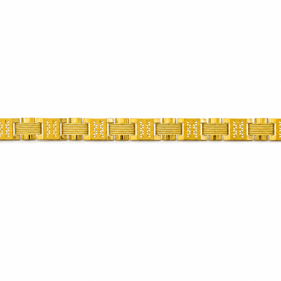 A gold link bracelet with a combination of textured horizontal grooves, rectangular links, and openwork diamond-patterned sections, shown against a plain white background.