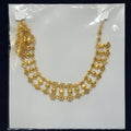 Gold necklace on a clear plastic sheet with a label, against a dark background