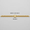 A gold-tone metal bracelet with a textured checkered pattern and a central oval medallion, displayed horizontally on a light gray background with product text overlays.