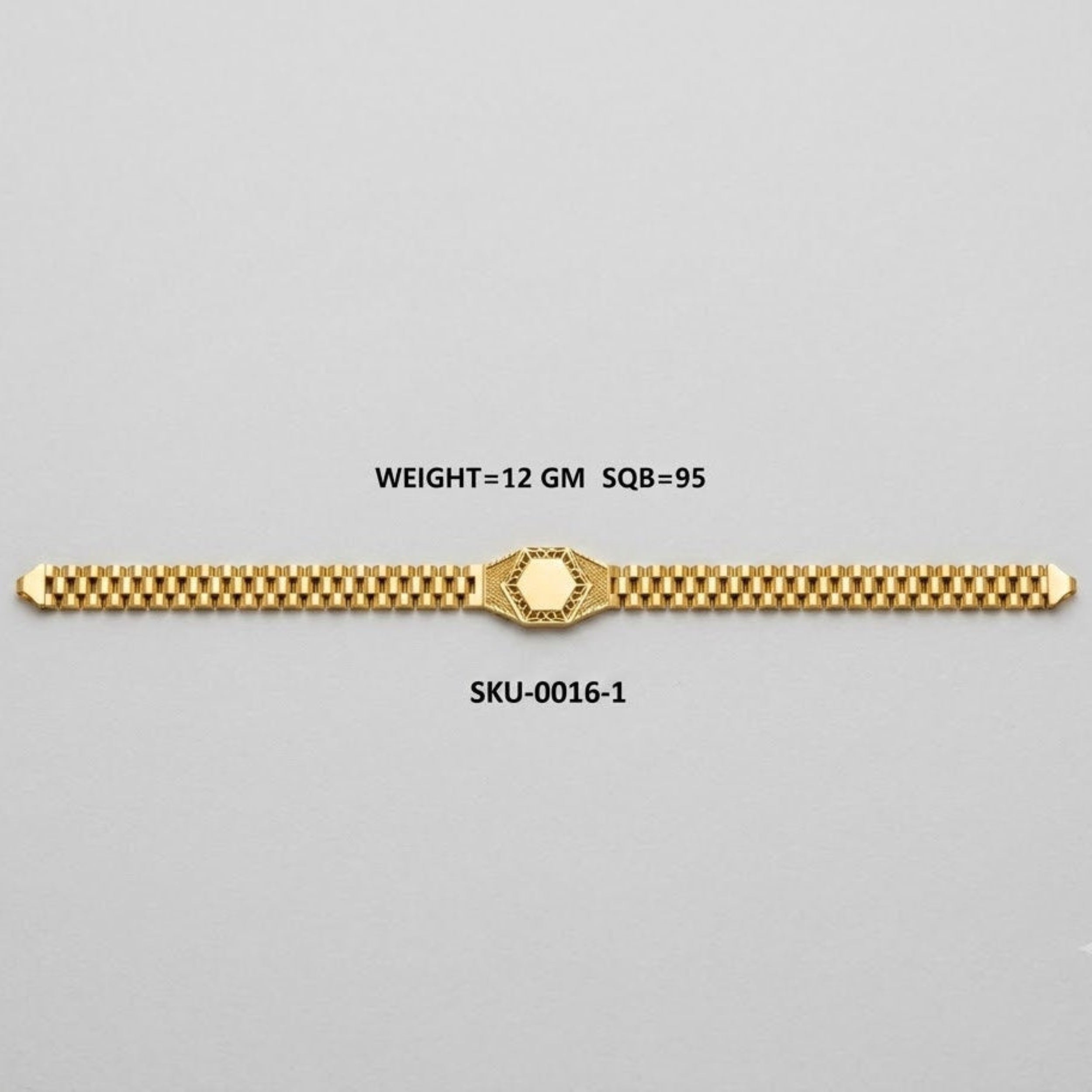 A gold-tone metal bracelet with a textured checkered pattern and a central oval medallion, displayed horizontally on a light gray background with product text overlays.